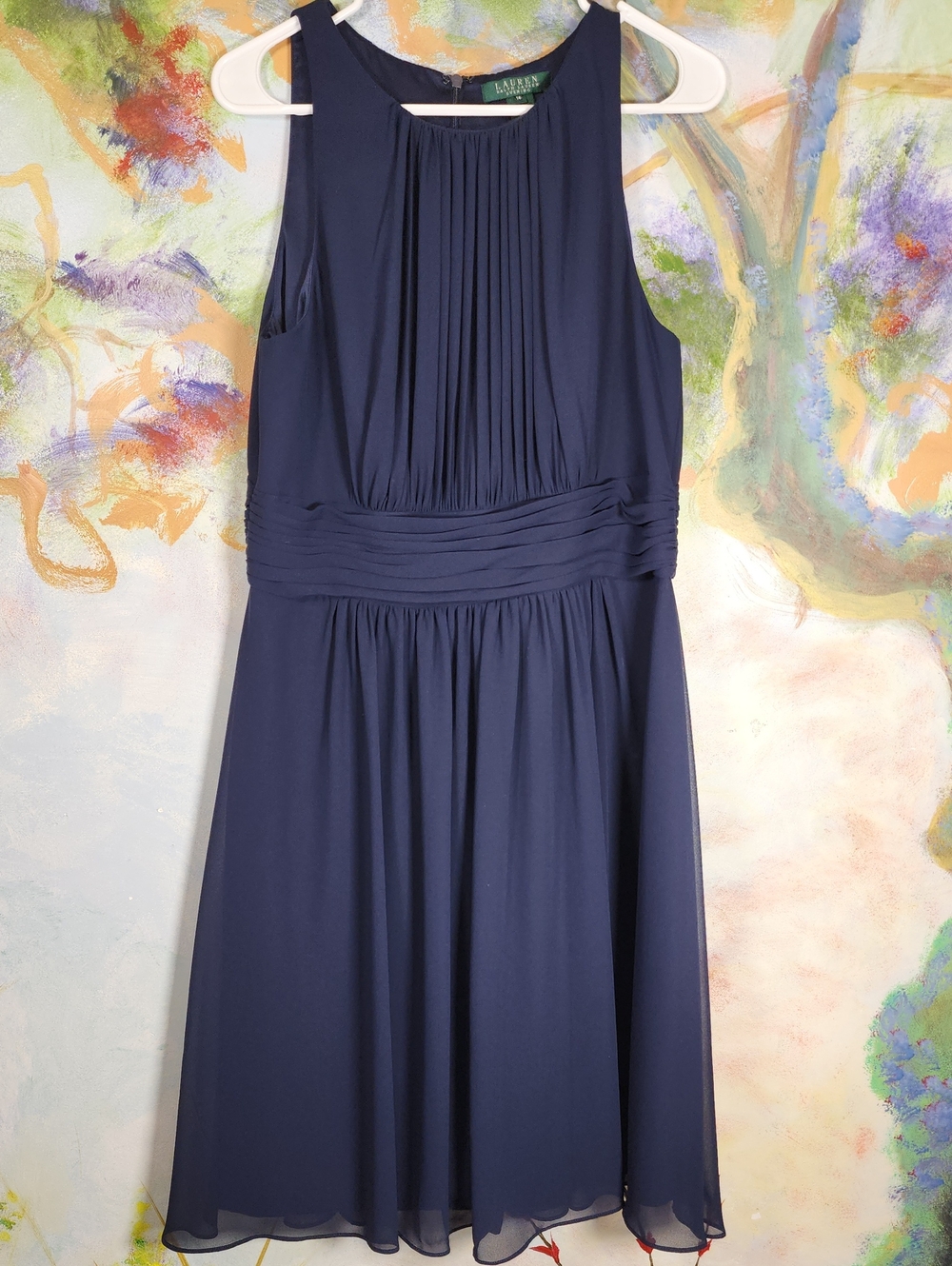 Lauren Ralph Lauren Evening Navy Pleated Bodice Midi Dress with Ruched Waist